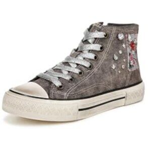 Blowfish Malibu Kimber Distressed High Top Sneakers Grey Acid Wash Twill